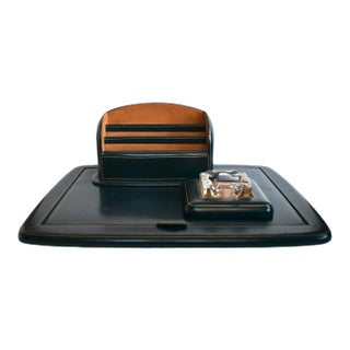Vintage Italian Green Leather Desk Set - Document Holder, Ashtray, and Letter Holder For Sale