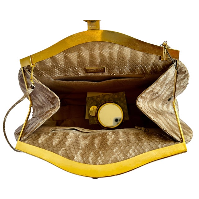 90s Judith Leiber Pouch Snakeskin Tan Beige Clutch Shoulder Bag Tiger Eye Gemstone Vintage For Sale - Image 9 of 16