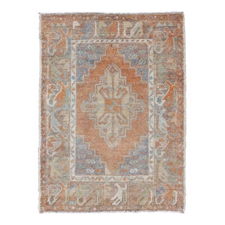 Turkish Oushak Vintage Hand Knotted Carpet in Light Orange and Light Blue & L.Green For Sale