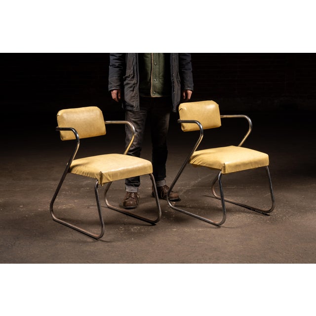 Striking pair of cantilever chrometube chairs executed in the streamlined Art Deco manner associated with Kem Weber. Each...