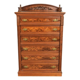 Herter Brothers Style Antique Eastlake Victorian Carved Walnut and Burl Wood Highboy Dresser, Circa 1880s For Sale