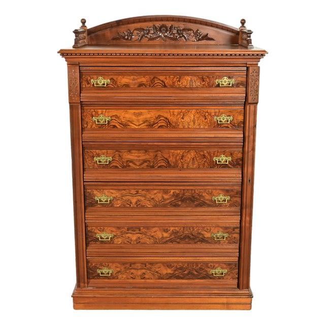 Herter Brothers Style Antique Eastlake Victorian Carved Walnut and Burl Wood Highboy Dresser, Circa 1880s For Sale