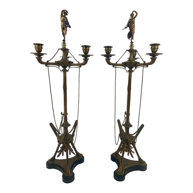 Antique Circa 1890 Ferdinand Barbedienne Foundry French Bronze Pair Candelabras For Sale