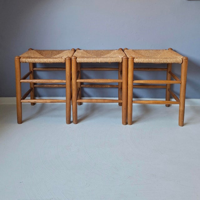 Brown Wood and Rush Stools, 1960s, Set of 3 For Sale - Image 8 of 8