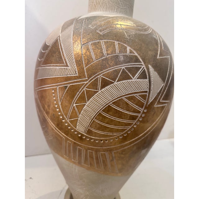 Mid-Century Modern 1970s Mid-Century Modern Ceramic Geometric Carved Lamp Base For Sale - Image 3 of 9