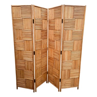 Vintage Organic Modern Rattan & Bamboo Geometric Four-Panel Folding Screen, 1970s Coastal Chic For Sale