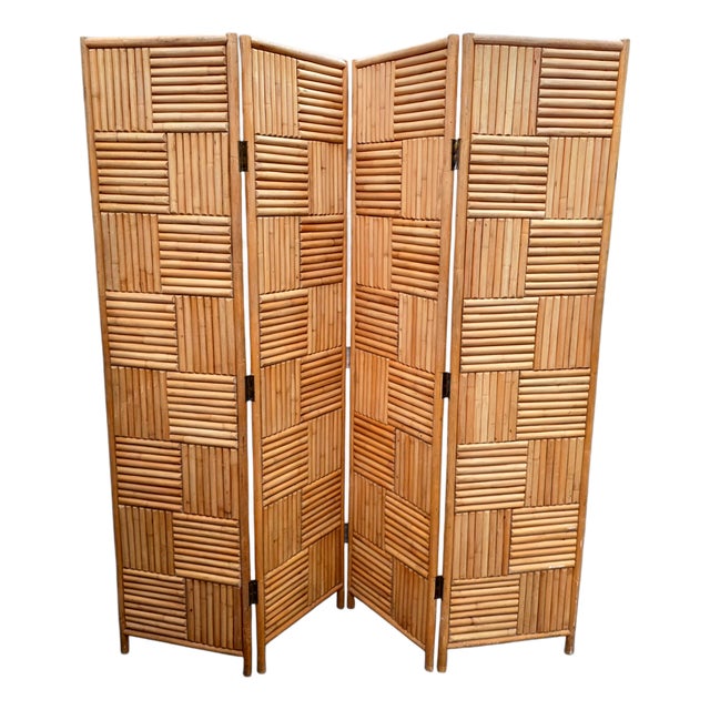 Vintage Organic Modern Rattan & Bamboo Geometric Four-Panel Folding Screen, 1970s Coastal Chic For Sale