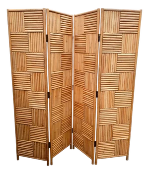 Vintage Organic Modern Rattan & Bamboo Geometric Four-Panel Folding Screen, 1970s Coastal Chic