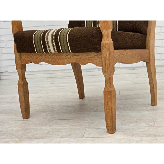 Danish Armchair in Striped Furniture Wool and Carved Oak Wood, 1970s For Sale - Image 15 of 17
