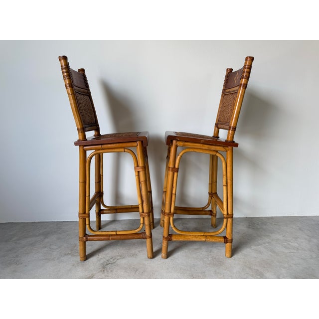 1980s Vintage Coastal Organic Bamboo & Rattan With Leather Wrapped Bar Stools - A Pair For Sale - Image 5 of 13