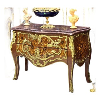 Louis XV Bombe Marble-Top Commode With Exquisite Floral Marquetry & Gilt Bronze Mounts For Sale