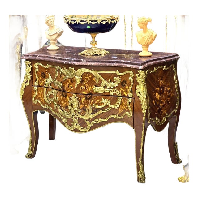 Louis XV Bombe Marble-Top Commode With Exquisite Floral Marquetry & Gilt Bronze Mounts For Sale