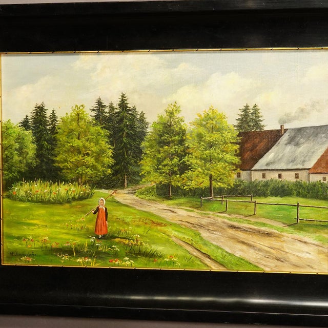 Biedermeier Antique Oil Painting Farm Girl on a Flower Meadow by M. E. Ummenhofer For Sale - Image 3 of 6