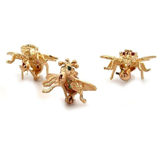 Lovely Diamond Ruby Emerald 14k Yellow Gold Set of 3 Bee Pins For Sale - Image 4 of 5