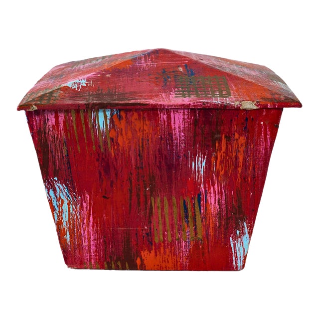 Vintage Hand-Painted Folk Art Lidded Box in Red and Pink For Sale