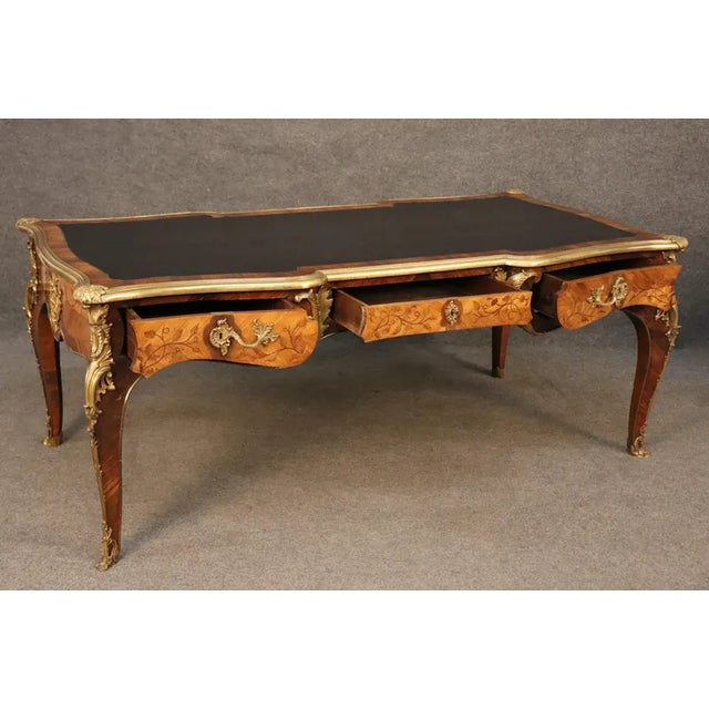 Monumental 19th Century Louis XV Style Bronze Ormolu Mounted Leather Top Bureau Plat For Sale - Image 4 of 9