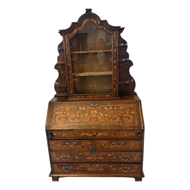 Antique Dutch Marquetry Walnut Bureau Bookcase, 1780 For Sale
