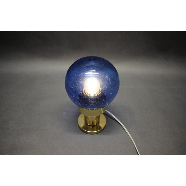Metal Kamenicky Senov Blue Glass and Brass Table Lamp, Czechoslovakia, 1970s For Sale - Image 7 of 8