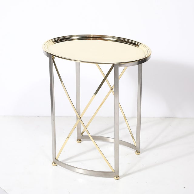 Mid-Century Polished Brass & Brushed Steel Side Table With Lattice Supports For Sale - Image 4 of 14