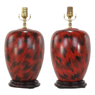 Vintage Art Deco Hand-Painted Red and Black Tortoiseshell Porcelain Table Lamps - Pair For Sale