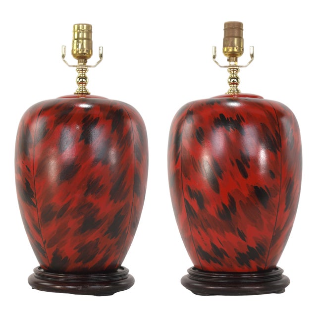 Vintage Art Deco Hand-Painted Red and Black Tortoiseshell Porcelain Table Lamps - Pair For Sale