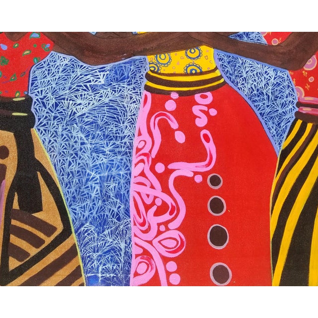 This acrylic-on-canvas painting depicts three young women captured in a complicated gridlock. We are left to figure out...