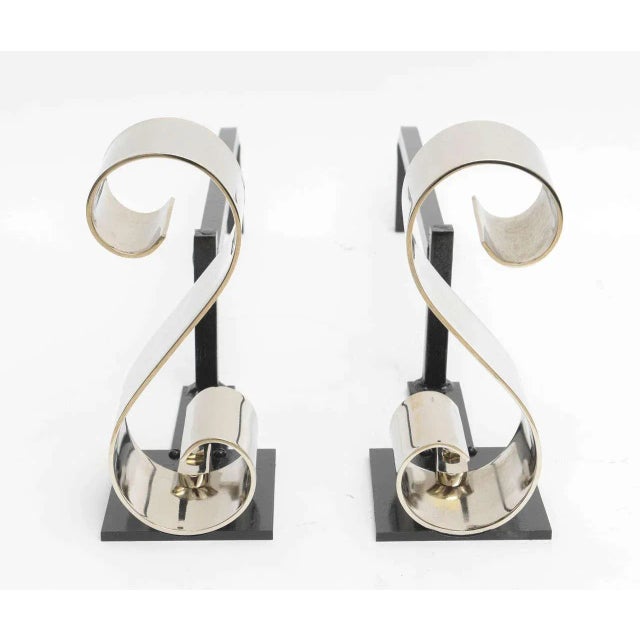 Art Deco Andirons Modern Nickel Plated, "S Form", For Sale - Image 3 of 11