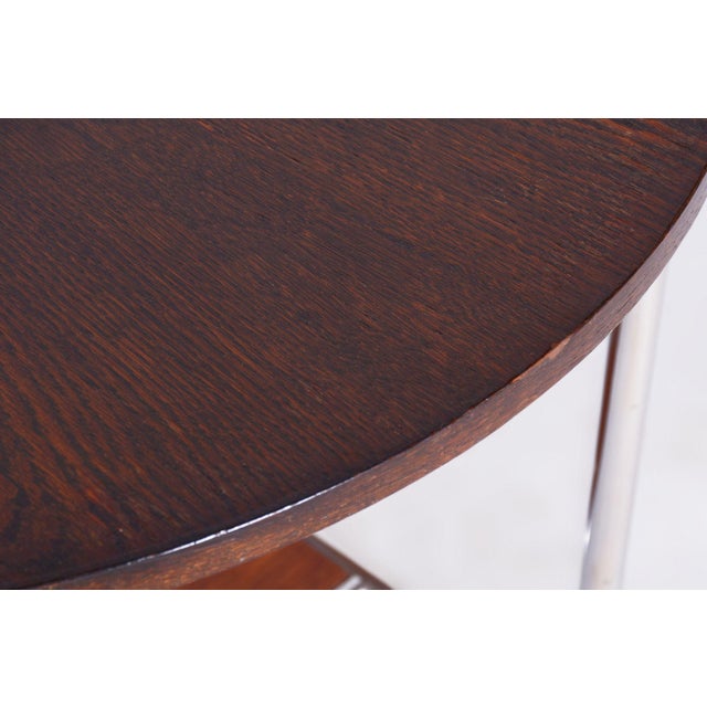Wood Small Czech Bauhaus Round Oak and Chrome-Plated Steel Side Table, 1930s For Sale - Image 7 of 10