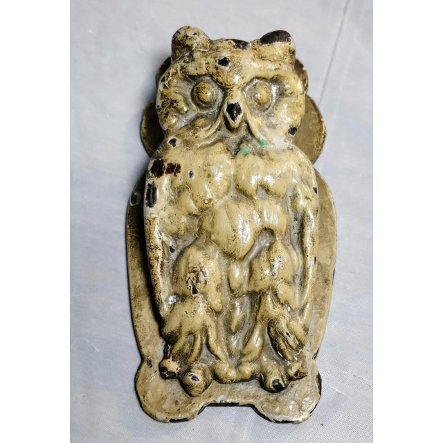 Figurative Painted Figural Cast Iron Owl Door Knocker Desk Clip Bird For Sale - Image 3 of 3