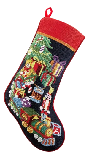 Toy Train Embroidered Needlepoint Stocking