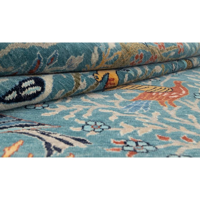 Blue Peacock Birds Garden Scene Soft Hand Knotted Hand Spun Wool Rug 9x12Ft. For Sale - Image 6 of 18