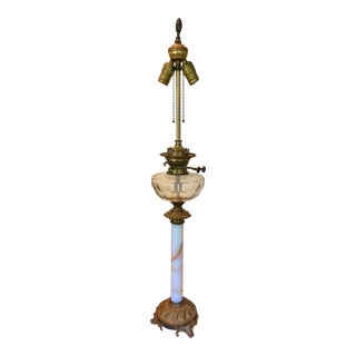 Antique Mid 19th Century Glass Oil Lamp on Marble Column With Brass Base For Sale