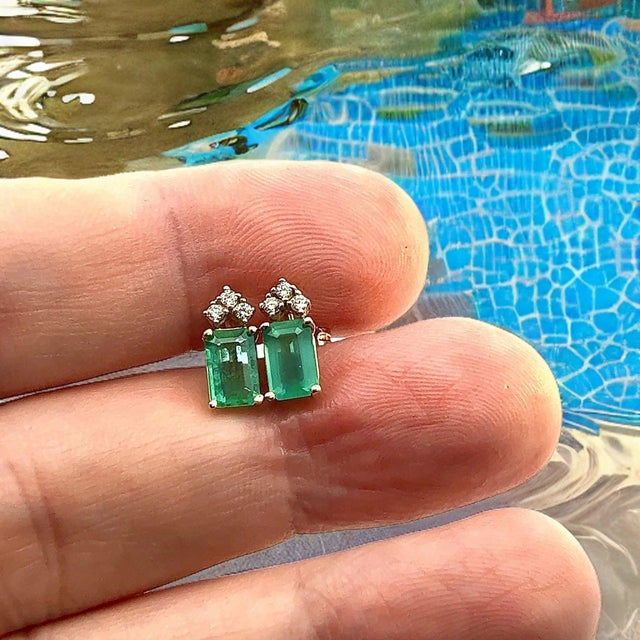 Natural Emerald Diamond Stud Earrings 14k Yellow Gold 1.59 TCW Certified For Sale - Image 10 of 12
