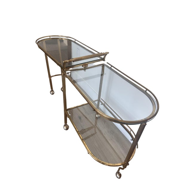 Hollywood Regency Double Sided 3 Tiered Vintage Rolling Brass/Glass Bar Cart, a Hollywood Regency Classic With Swivel Top and Secure Lock For Sale - Image 3 of 5