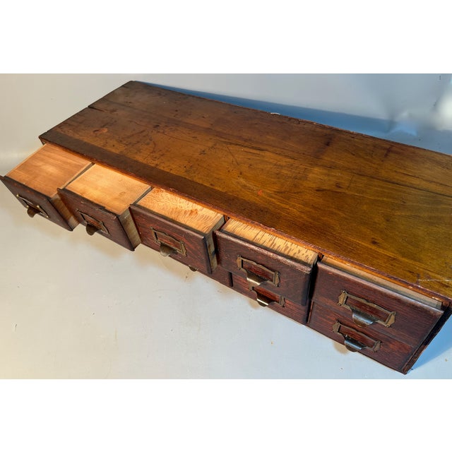 Brown 10 Drawer Card Catalog File 1920s Tiger Oak With Brass Label Holder Pulls For Sale - Image 8 of 10