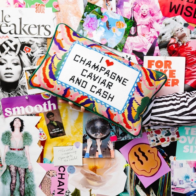 Kenneth Ludwig Chicago I Love Champagne, Caviar and Cash Needlepoint Pillow For Sale - Image 4 of 4