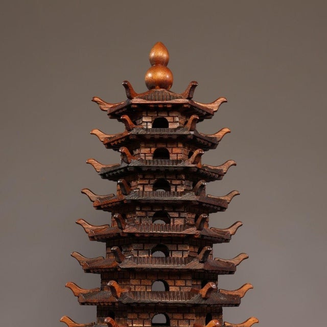 Traditional Vintage Rosewood Wenchang Pagoda Tower Statue 9-Tier Scholar's Desk Decor 17.7" For Sale - Image 3 of 10
