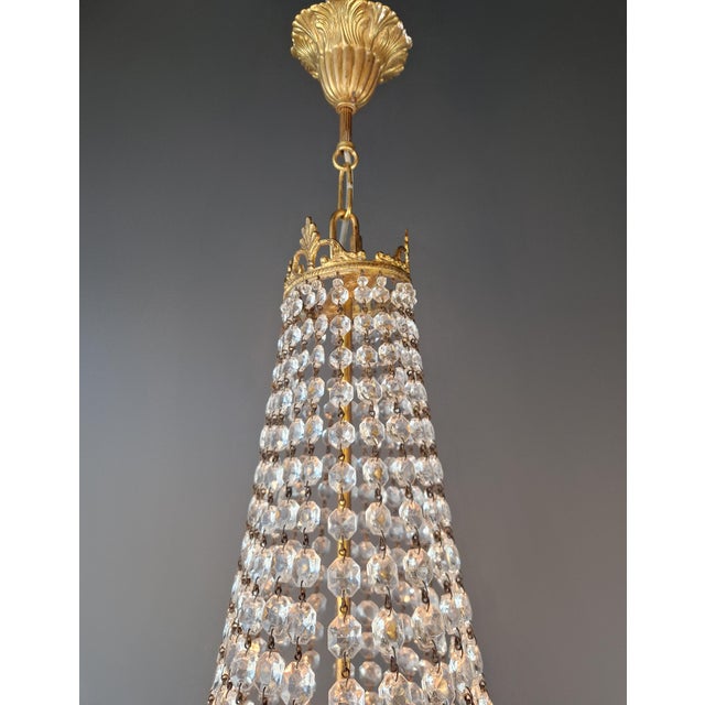 Antique Art Nouveau Low Oval Plafonnier Crystal Chandelier Brass Lustre Ceiling For Sale - Image 10 of 13