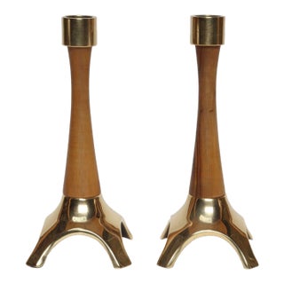 Pair of Sculptural Vintage Austrian Brass and Walnut Candlesticks For Sale