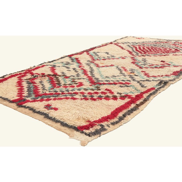 22032 Vintage Azilal Moroccan Rug, 03'10 x 07'05. The Watchful Labyrinth: A Vintage Azilal Moroccan Masterpiece of Sacred...