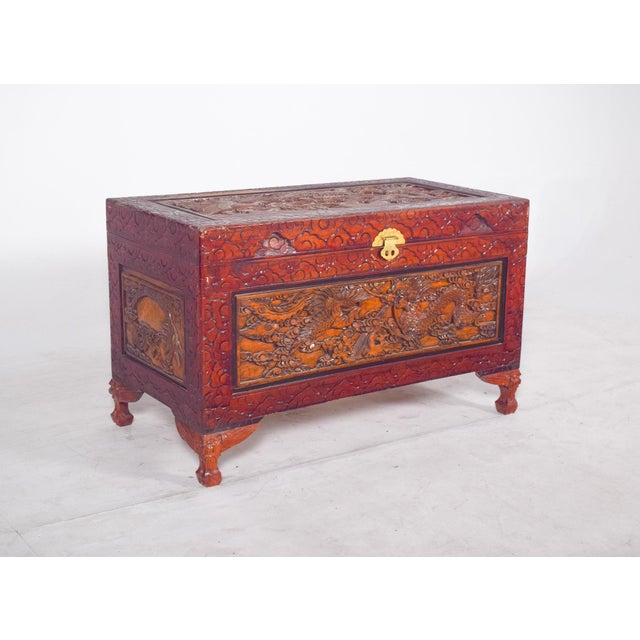 Antique Painted Oriental Carved Chest For Sale - Image 3 of 14