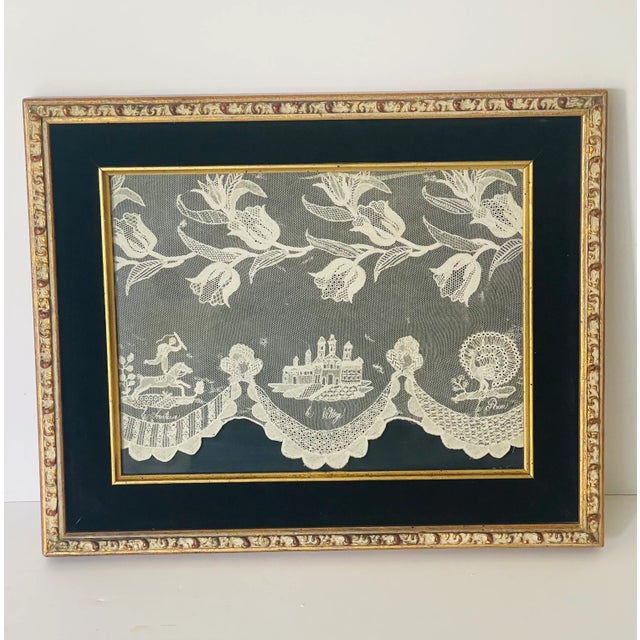 Exquisite detailed textile art - French antique lace with images of an Acrobat in hors, a Villa and a Peacock. Great...
