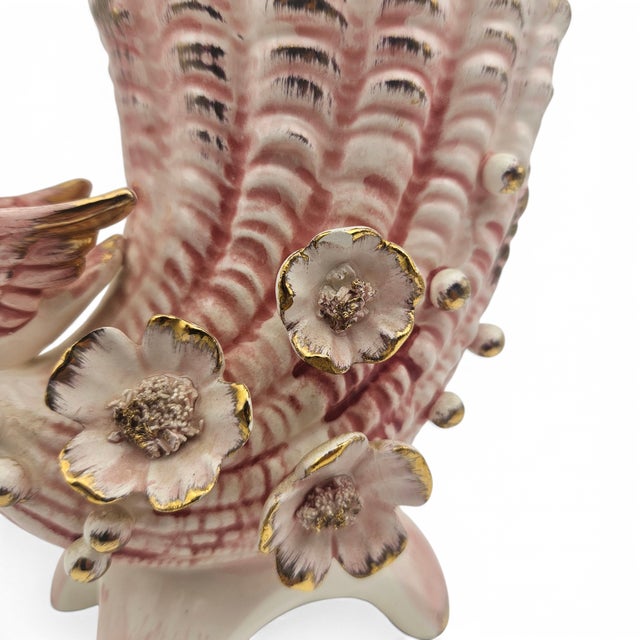 Mid 20th Century Vintage Pink Ceramic Cornucopia Vase W/ Applied Bird & Flowers For Sale - Image 5 of 9