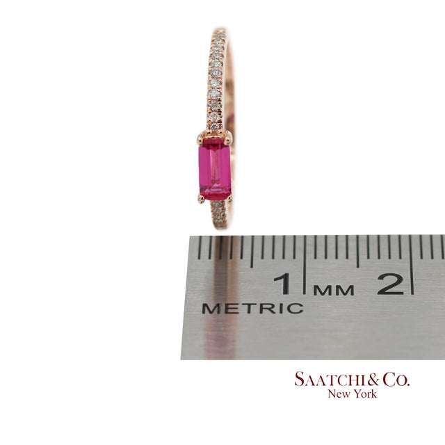 14k 585 Solid Rose Gold Pink Baguette Cut Stone and Natural Diamond Ring, Size 6 For Sale - Image 12 of 12