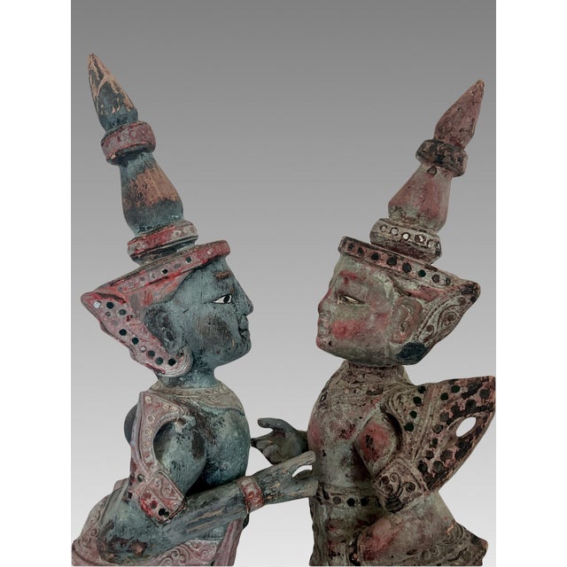 Antique Teppanom / Guardian Thai Angels, Carved Wood Statues or Figures - A Pair 18" For Sale - Image 4 of 11