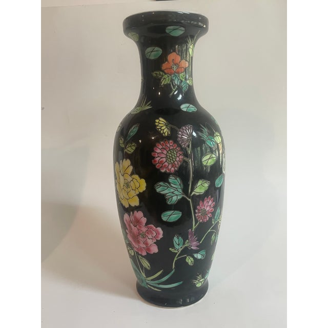 Ceramic Vintage Chinese Famille Noire Porcelain Baluster Vase 12.5" Tall For Sale - Image 7 of 10