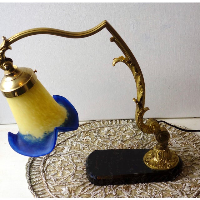 Antique Brass and Marble Pate De Verre Table Lamp, France, 1920s For Sale - Image 9 of 11