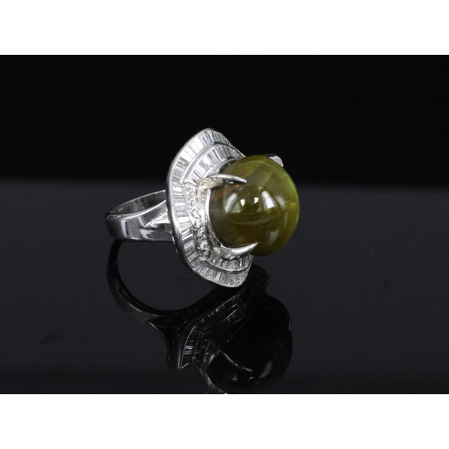 Late 20th Century Massive 28.70ct Chrysoberyl Cat's Eye & 1.94ct Diamond Platinum Ring Size 6.25 For Sale - Image 13 of 17