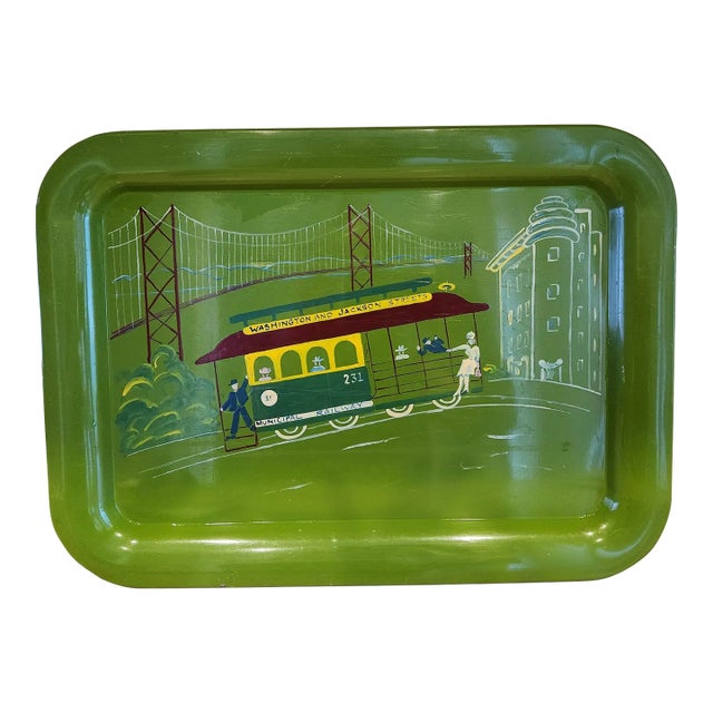 Mid 20th Century Hand Painted Green Serving Tray San Francisco Cable Car Railway For Sale