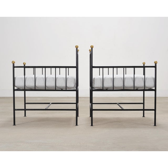 Set of Four French Modernist Iron Brass Ball Finial Lounge Chairs For Sale - Image 10 of 18